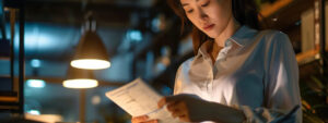 A woman is engaged in reading a document in a library, exploring mobile access and device compatibility issues.